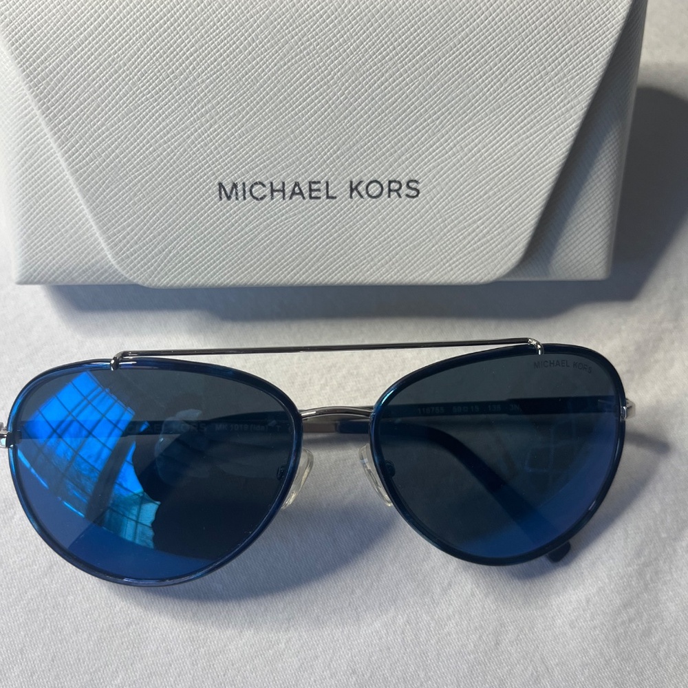 Michael Kors Womens Aviator Sunglasses Navy Lens Silver Frame MK1019 (Ida)